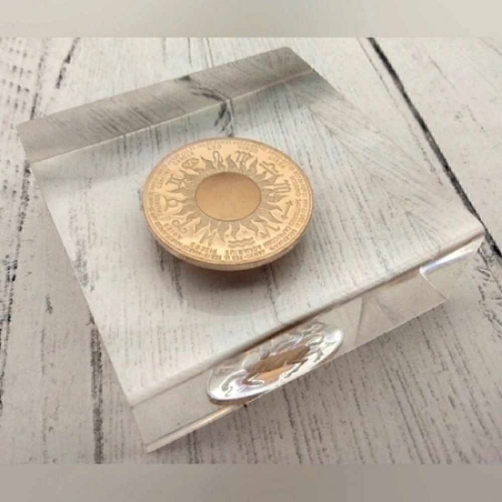 Zodiac Coin Medal Aries Gold-Bronze Lucite Paperweight Vintage Franklin Mint